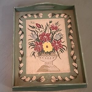 Rustic Floral Hand Painted Tray with Green Border